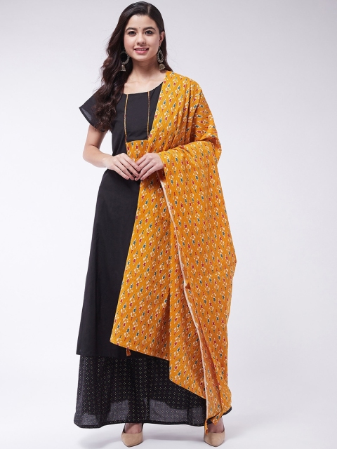 

InWeave Women Black & Yellow Solid Kurta with Skirt & Dupatta