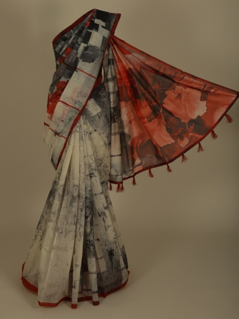 

Pothys Beige & Grey Cotton Blend Printed Chanderi Saree