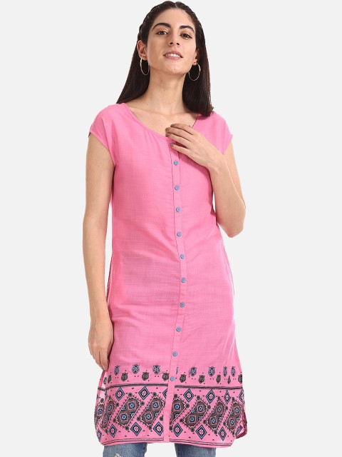 

Karigari Women Pink & Black Printed Straight Kurta