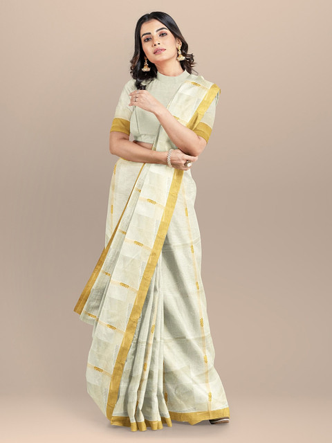 

BharatSthali Cream-Coloured & Gold-Toned Pure Cotton Woven Design Handloom Kasavu Saree