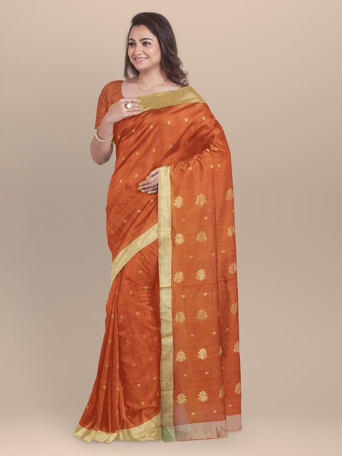 

BharatSthali Orange & Gold-Coloured Woven Design Handloom Chanderi Saree