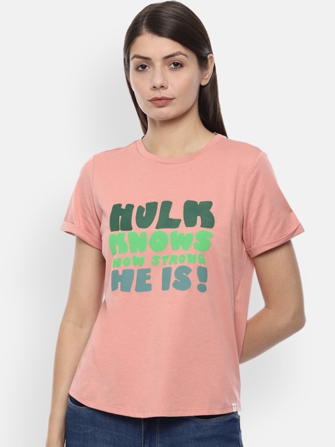 Van Heusen Woman Peach-Coloured & Green Printed Pure Cotton Top
