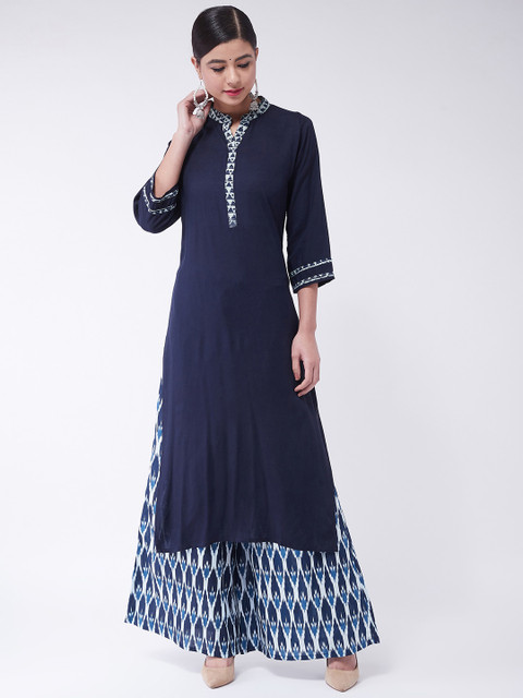 

InWeave Women Navy Blue Solid Kurta with Palazzos