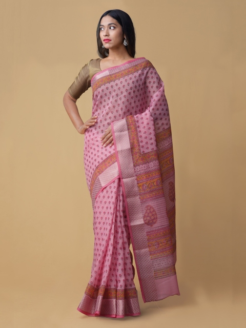 

Unnati Silks Pink & Gold-Coloured Pure Cotton Printed Handloom Saree