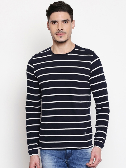 

Mufti Men Navy Blue & Off-White Striped Round Neck Slim Fit T-shirt
