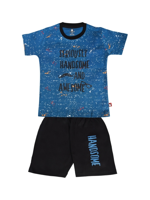 

CRAZYPENGUIN Boys Blue & Black Printed T-shirt with Shorts