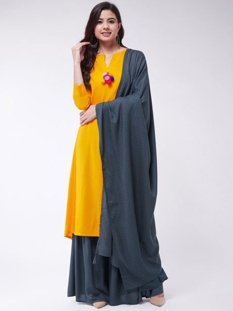 

InWeave Women Mustard Yellow & Grey Solid Kurta with Sharara & Dupatta