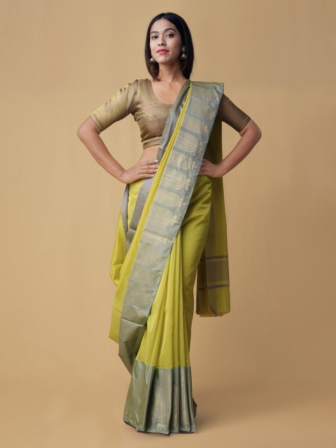 

Unnati Silks Green Silk Cotton Solid Banarasi Saree