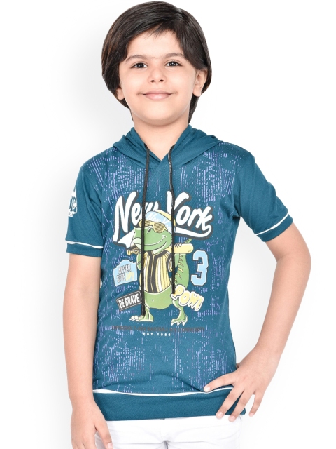 

ORANGE PUMPKKIN Boys Teal Green Printed Hood T-shirt
