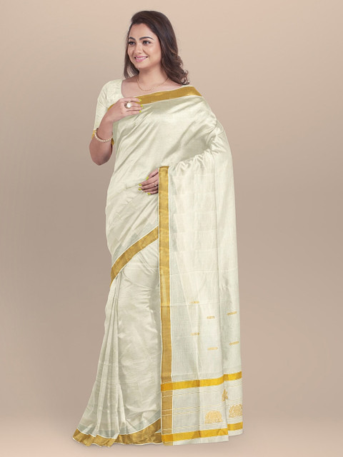 

BharatSthali Cream-Coloured Solid Pure Cotton Handloom Kasavu Sustainable Saree