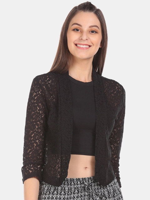 

Sugr Women Black Lace Semi-Sheer Open-Front Crop Shrug