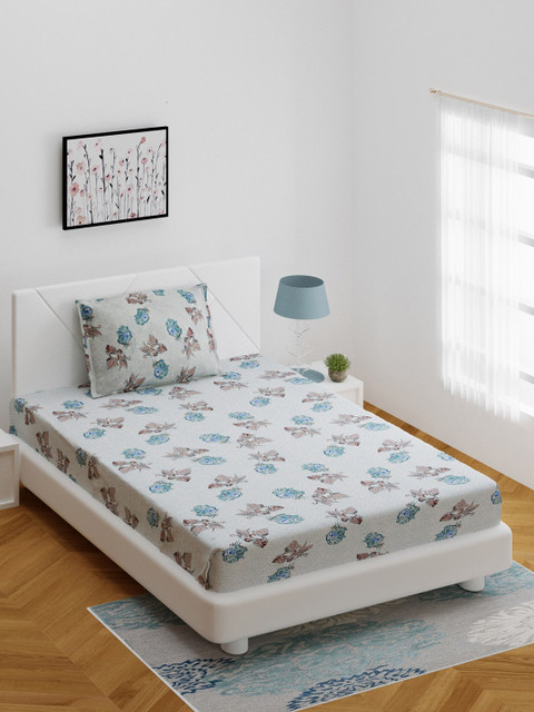 

BOMBAY DYEING White & Blue Floral 164 TC Cotton 1 Single Bedsheet with 1 Pillow Covers