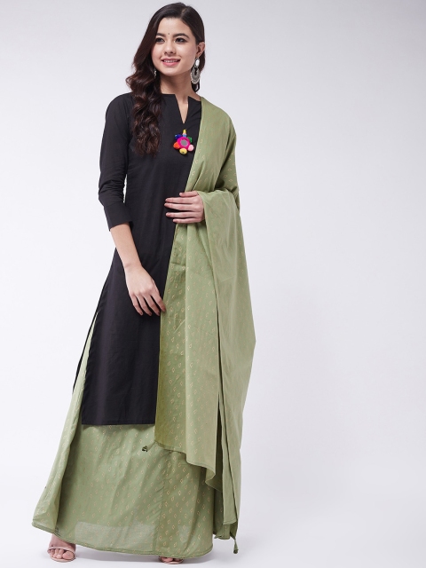 

InWeave Women Black & Green Solid Kurta with Skirt & Dupatta