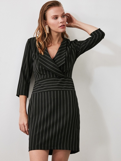 

Trendyol Women Black Striped Wrap Dress