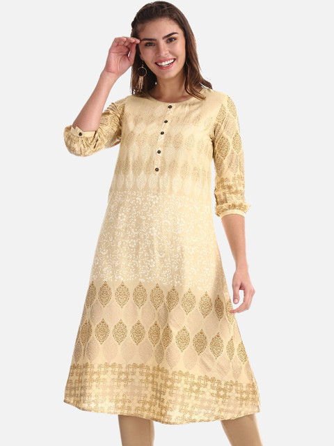 

Karigari Women Beige & Gold-Toned Woven Design A-Line Kurta