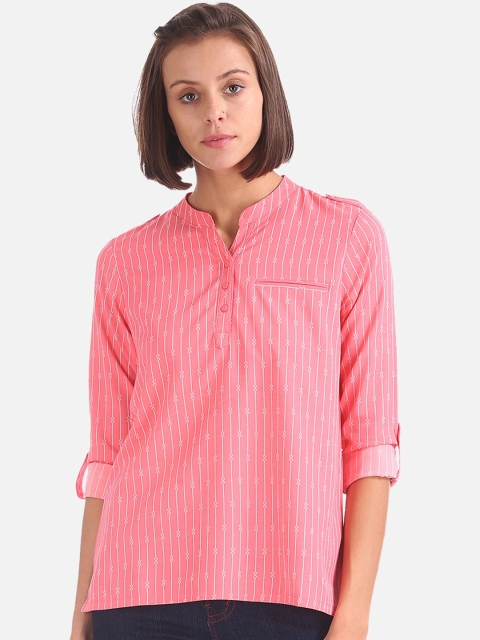 

Cherokee Women Coral Pink & Off-White Striped Shirt Style Top
