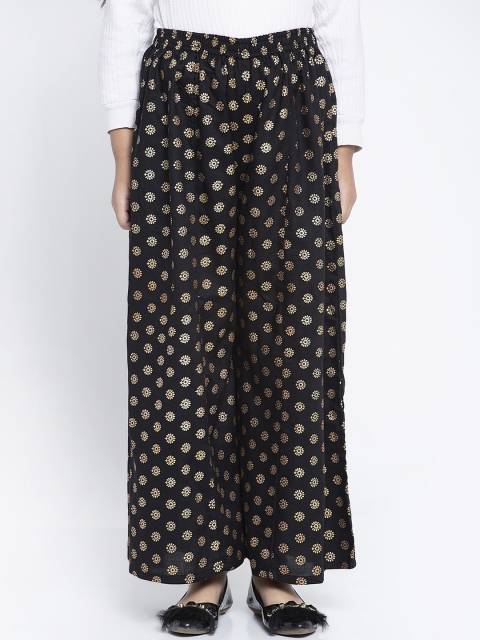 

Baani Creations Girls Black & Gold Coloured Printed Wide Leg Palazzos