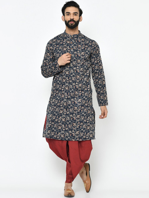 

Vartah Men Navy Blue Floral Printed Floral Handloom Kurta