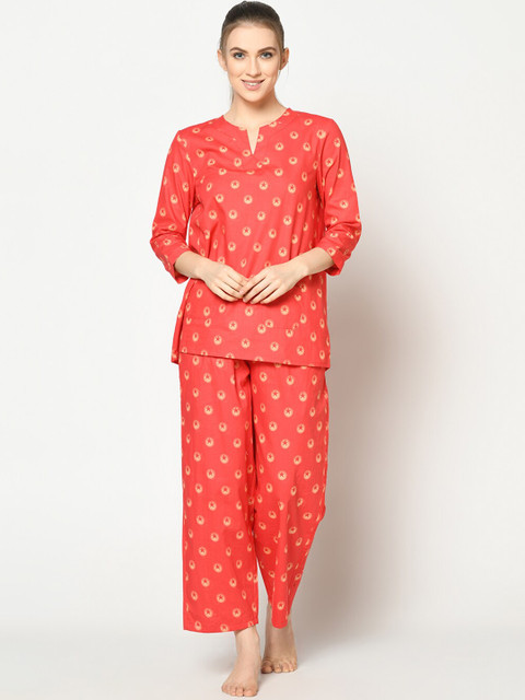 

SQew Women Coral Red & Beige Printed Nightsuit