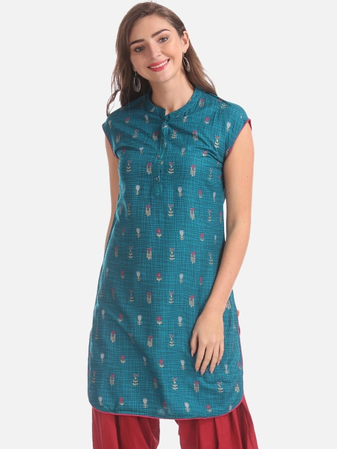 

Karigari Women Teal Green & Black Printed Straight Kurta