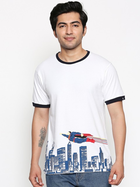 

The Souled Store Unisex White Blue Superman: Skyline Printed Round Neck Pure Cotton T-shirt