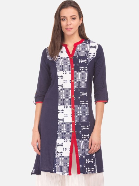 

Karigari Women Navy Blue Printed A-Line Kurta