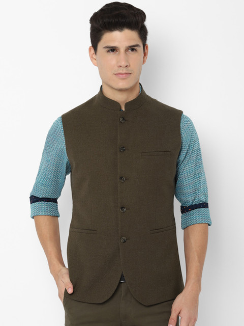 

Allen Solly Men Olive Green Solid Woven Nehru Jacket