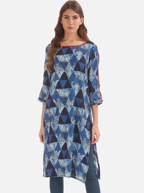 

Karigari Women Blue & Grey Printed Straight Kurta