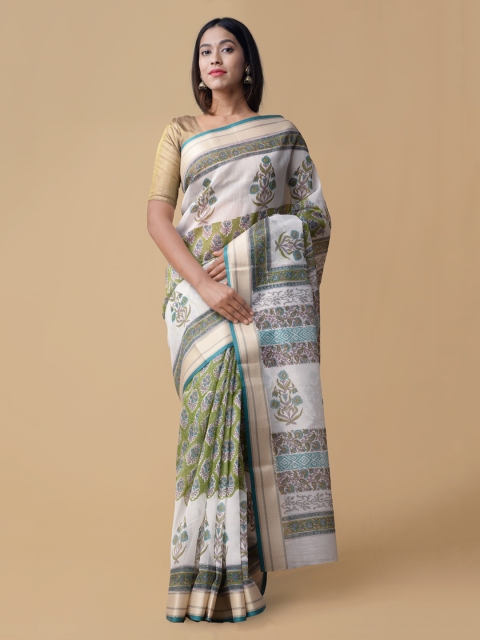 

Unnati Silks Women Green & White Pure Avnee Chanderi Cotton Sustainable Saree