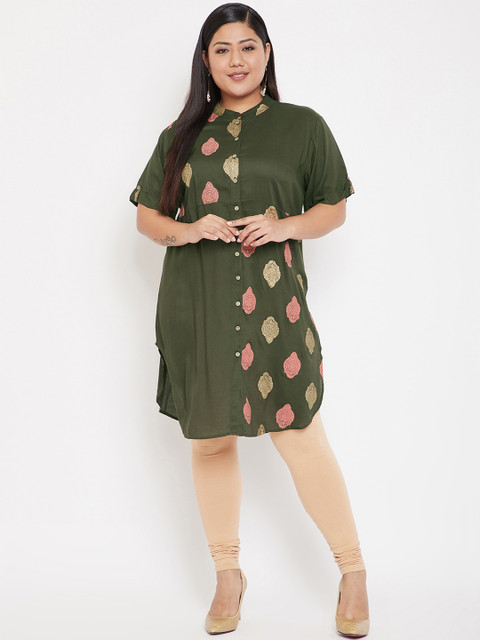 

CHROME & CORAL Women Olive Green & Gold-Coloured Printed A-Line Dress