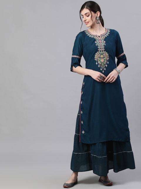 

Ishin Women Teal Embroidered Kurta with Sharara