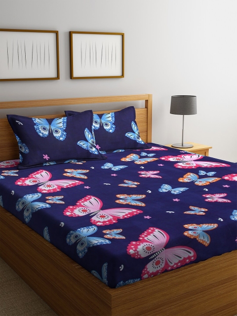 

NEUDIS Navy-Blue & Pink Floral Printed 180 TC Flat Double Bedsheet With 2 Pillow Covers