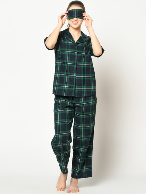 

SQew Women Green & Black Checked Night suit