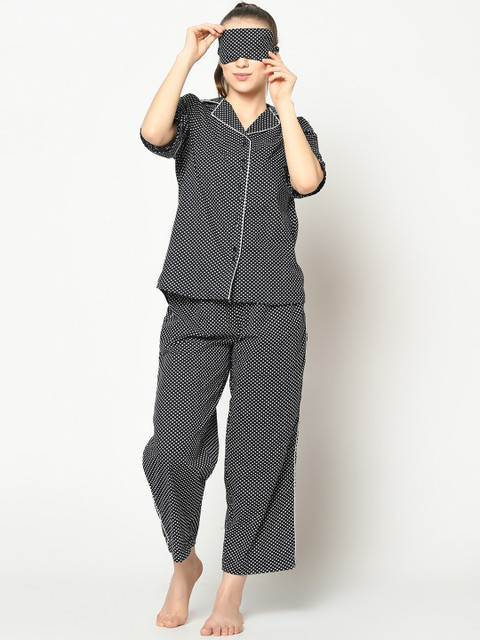 

SQew Women Black & White Printed Night Suit With Eye Mask