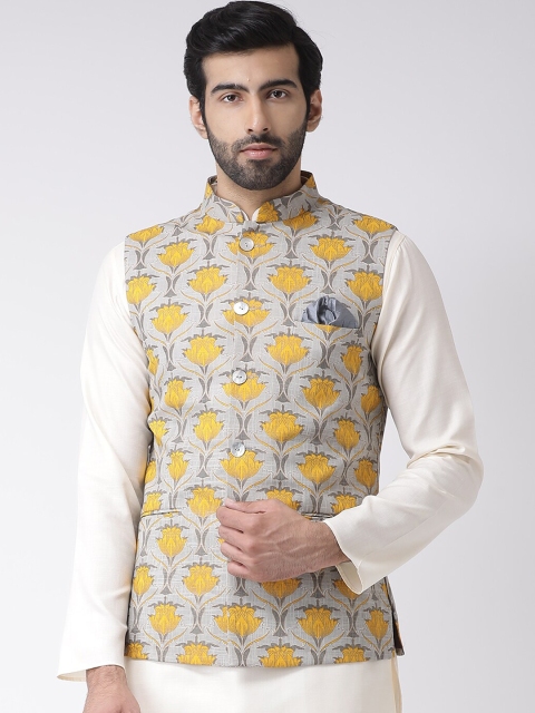 

Vartah Men Grey & Yellow Printed Woven Pure Cotton Nehru Jacket