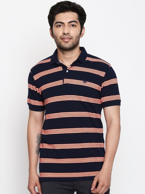 

Mufti Men Navy Blue & Orange Striped Polo Collar T-shirt