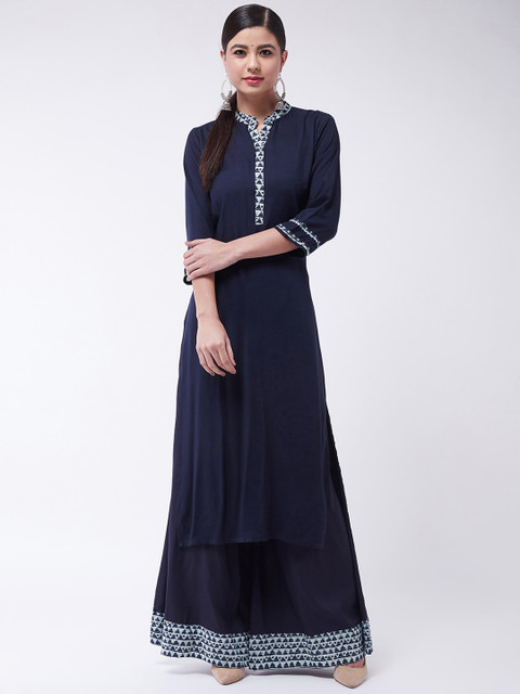 

InWeave Women Navy Blue Solid Kurta with Palazzos