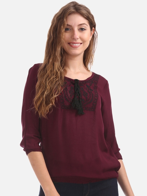 

Cherokee Women Maroon Embroidered Top