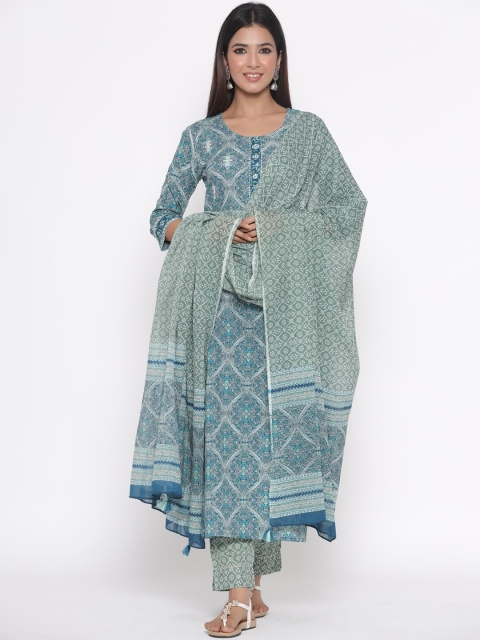 

Silai Bunai Women Blue Printed Kurta with Trousers & Dupatta