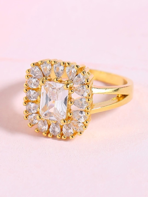 

Voylla Gold-Plated & White CZ Princess Cut Gem Finger Ring