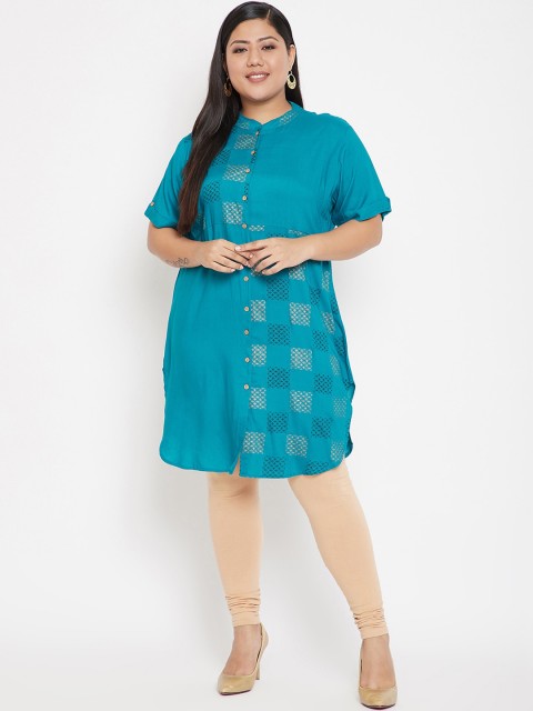 

CHROME & CORAL Women Turquoise Blue & Gold-Toned Printed Straight Kurta