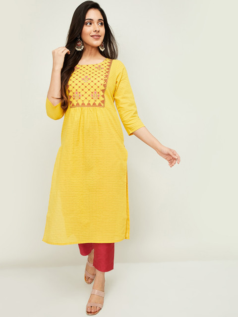 

Melange by Lifestyle Women Yellow & Red Embroidered Kurta with Trousers