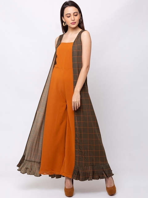 

SHECZZAR Women Rust & Olive Green Solid Basic Jumpsuit