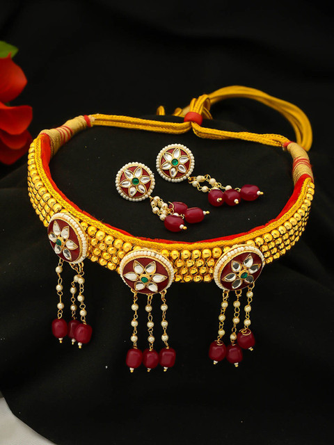 

Imittire Gold-Plated & White Kundan Studded Traditional Rajputi Handcrafted Choker Jewellery Set