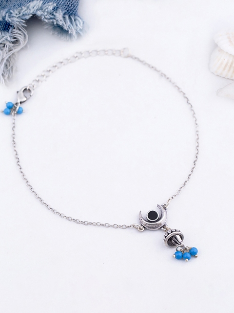 

Voylla Oxidised Silver-Toned & Blue Set of 2 Enameled Anklets