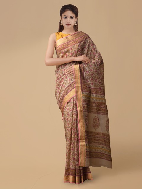 

Unnati Silks Brown Cotton Blend Printed Chanderi Saree