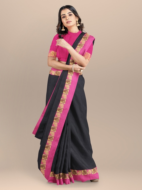 

BharatSthali Black & Pink Silk Cotton Solid Handloom Sustainable Saree