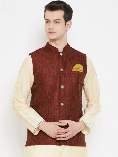 

even Men Maroon Woven-Design Nehru Jacket