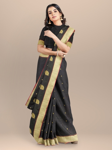 

BharatSthali Black & Gold-Toned Pure Silk Woven Design Chanderi Saree