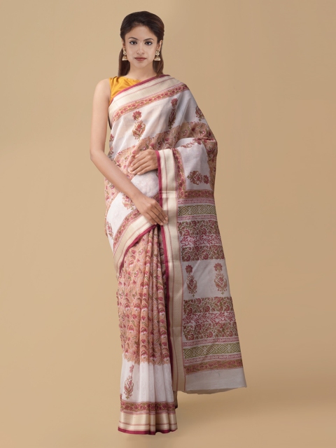 

Unnati Silks Red & White Pure Cotton Floral Printed Chanderi Handloom Saree